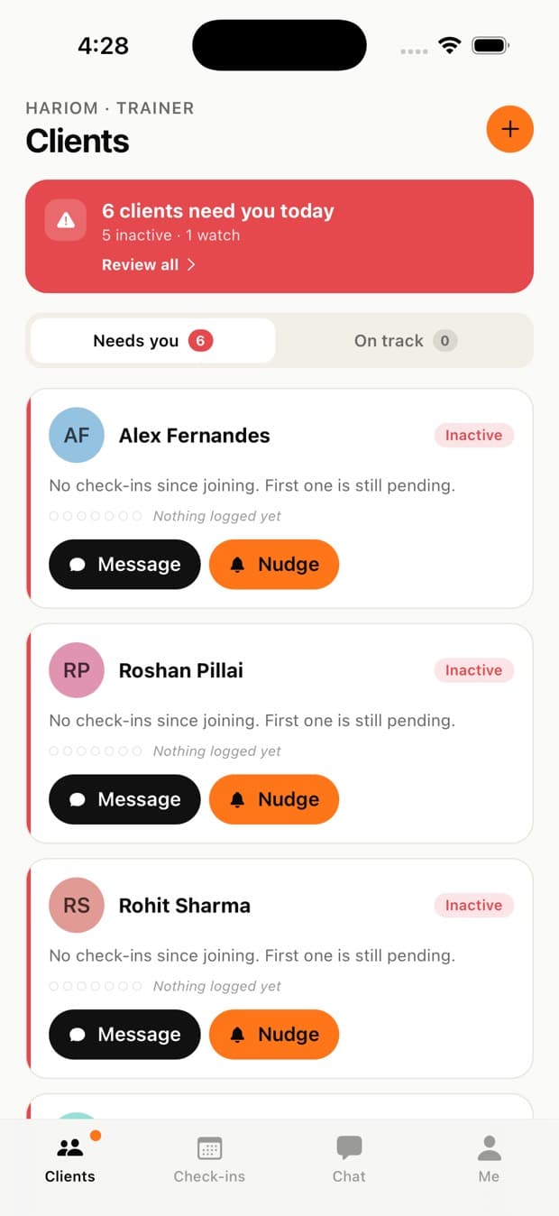 Persist trainer roster: clients who need you today